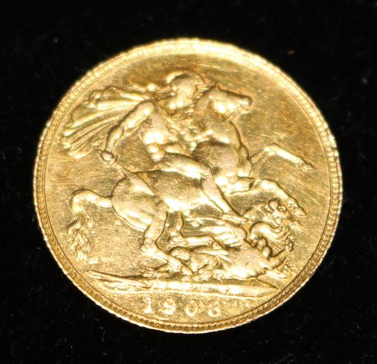 An Edward VII 1908 gold full sovereign.